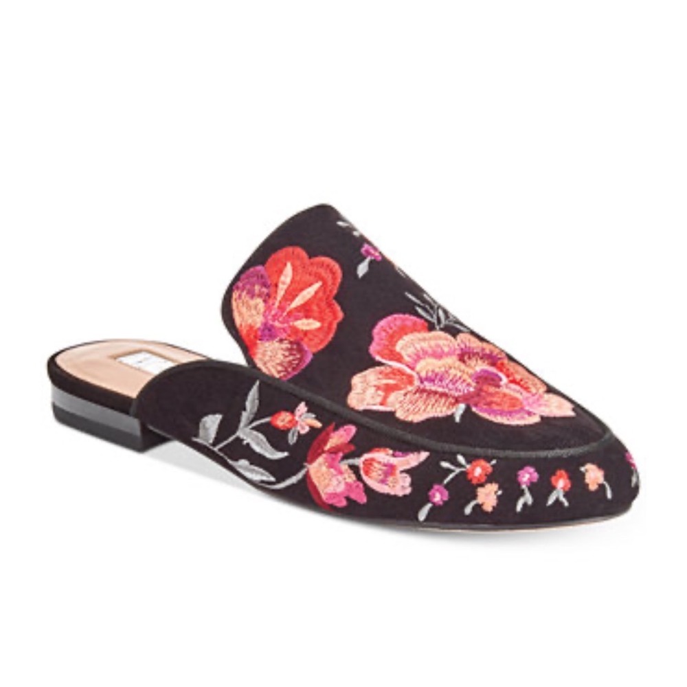 INC International Concepts Womens Black Velvet Floral Embroidered Mules Sz 8.5‎